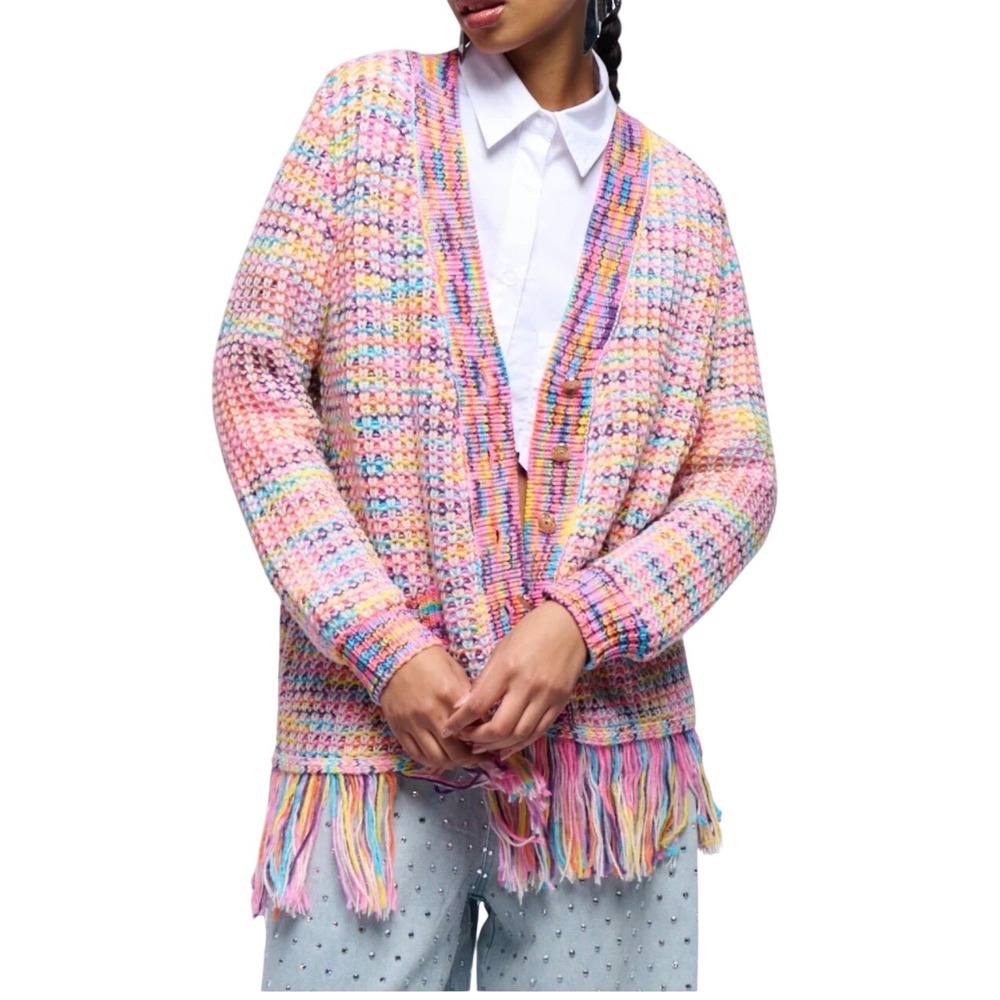 NWOT Akira Women's Rainbow Chunky Knit Fringe Cardigan Gold Button Multicolor L‎ - Picture 3 of 13